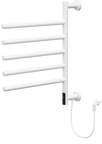 LuxeBath Chauffe-Serviette Électrique, 75W 45-60°C 450x622 mm, Rotation 180° Support Mural, 5 Bras Pivotants et Minuterie, Radiateur de Salle de Bain Blanc Brillant en Acier Inoxydable, Gain de Place