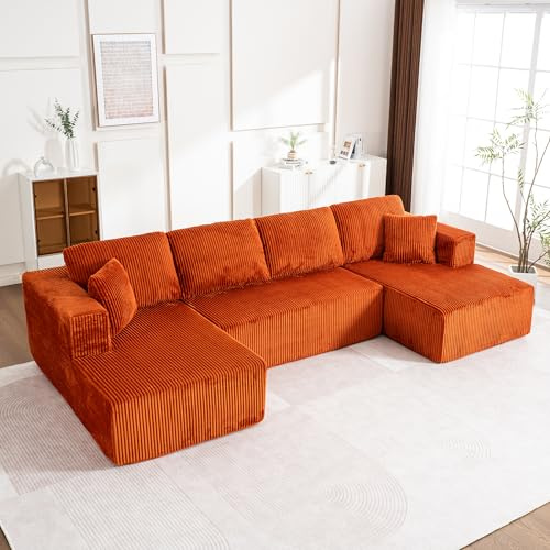 Muskel Modular U-Form Ecksofa aus Cord, Vollkomprimiertes Boneless Couch ohne Montage, mit Chaiselongue Schlaffunktion, Modernes 4-Sitzer Wohnzimmer Couch, Orange-U