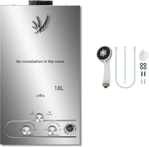 Chauffe-Eau à Gaz Instantané 18LPM 36KW LPG GPL au Butane Propane Chauffe Eau Gaz avec Modes Hiver et Eté Protection Contre La Surchauffe Couleur Argent,pour La Maison ExtéRieur Camping Car