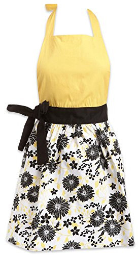 DII Damen Küchenschürze aus Baumwolle mit Rock zum Kochen, Backen und Basteln, verstellbar mit großzügigen Taillenbändern, Schwarz Gänseblümchen, Einheitsgröße