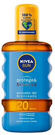 NIVEA SUN Protege & Broncea Aceite Solar FP20 (1 x 200 ml), activador del bronceado, protección solar media resistente al agua con 0% autobronceador, El embalaje puede variar