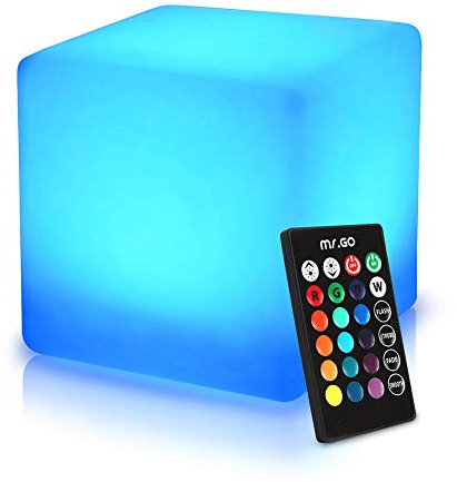MR.GO 16 LED Cube Lumineux Lampe d'ambiance, RGB Changeant de Couleur Cube Tabouret Étanche Siège Cube avec Télécommande, 16 Couleurs, Graduable & Rechargeable Veilleuse pour Décor