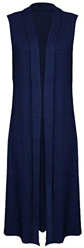 Romaans Womens Ladies Sleeveless Maxi Long Length Boyfriend Cardigan Collared Top Long Floaty Duster Jacket Coat Blazer Waistcoat (Navy, ML 12-14)