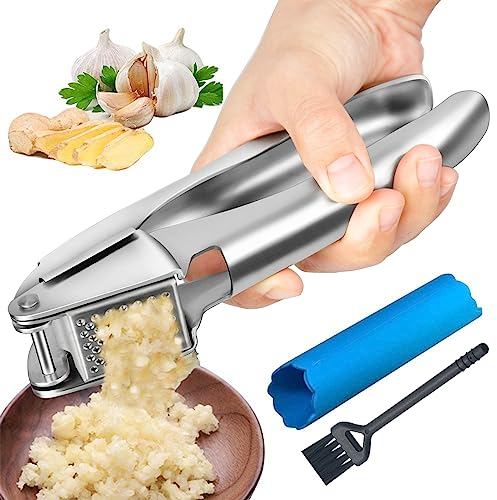 Premium Knoblauchpresse Edelstahl Rostfrei Knoblauchbrecher mit Silikon Knoblauchschäler & Reinigungsbürste Knoblauchschneider Spülmaschinenfest Ingwerpresse Garlic Press Set Hand Crusher (Silber)