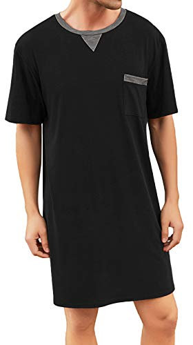 Enjoyoself Haut de Pyjama en Coton Doux et Respirant pour Homme, Longueur Genou, Chemises de Nuit à Manches Courtes, vêtements de Nuit, Type3-noir, XXL
