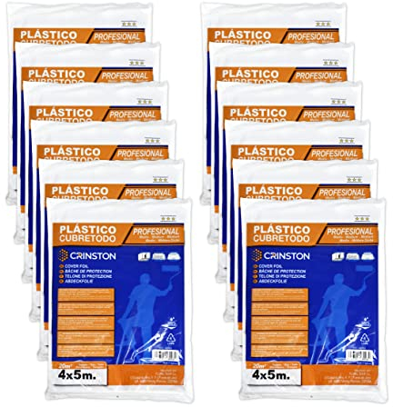 CRINSTON - Lot de 12 Films - Bache de protection peinture/Film plastique de protection transparent 4 x 5 m - 240 m2 Total (Épaisseur 7 mµ)