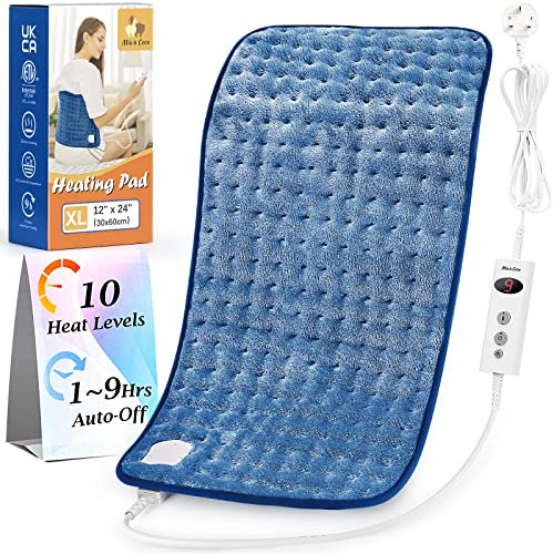 Electric Heating Pad for Back Neck Shoulders, Heat Pad with Auto Shut Off in 90 min, 10 Heat Level Settings, Fast Heated Pad 100% Soft Comfortable Polyester, Machine Washable 12x24 (30x60cm) Blue