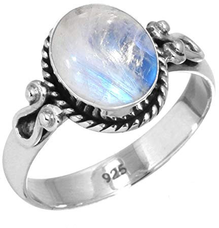 Jeweloporium Silberring mit weißem Mondstein, Größe 68 (21,6), 925er Sterlingsilberring für Damen, echter ovaler Stein, handgefertigter Schmuck