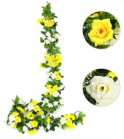 JUSTOYOU Künstliche Rosengirlande, 2 Stück, 2 m, zweifarbig, zum Aufhängen, Seidenblumen, künstliche Blumen für den Innen- und Außenbereich, Hochzeit, Wand, Badzimmer, Dekoration (gelb, 12 Köpfe)