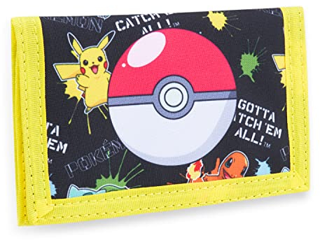 Pokemon Tri-Piega Portafoglio Bambino con Scomparto Monete e Tasca ID Visibile (Nero/Giallo)