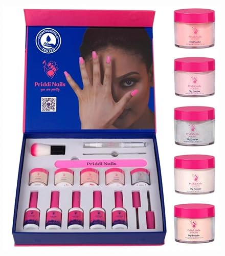 Priddi Nails Dipping Powder Kit groß Columba | dermatologisch getestet | Nägel selber machen Maniküre Nagellack Dip Tauchpulver Fingernägel Set, 5 Farben, Liquids, Zubehör Beauty Trend 2023