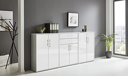 Schrankwand TABOR 15 Büroregal Aktenschrank Büroschrank abschließbar in diversen Farbvarianten (lichtgrau/weiß Hochglanz)