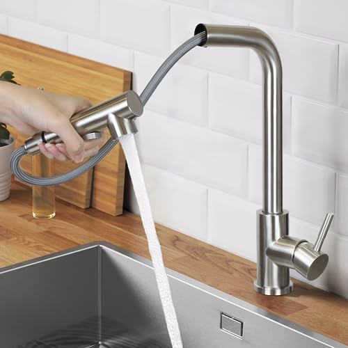 Mursche Wasserhahn Küche Küchenarmatur Ausziehbar - Mischbatterie mit Brause Spültischarmatur Spüle 360° Drehbar Armatur Edelstahl mit 2 Strahlarten Küchenwasserhahn - Gebürstet Nickel
