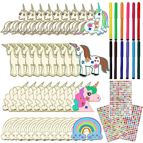 TZQFROCE 55Pcs Einhorn Holz Bastelset Einhorn Kindergeburtstag Holz Mit 40 Bastelset, 12 Farbstifte, 3 Aufkleber Basteln Kinder Für Mädchen DIY Handwerk