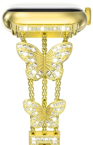 NewWays Correa de pulsera de metal compatible con Apple Watch de 42 mm, 44 mm, 45 mm, iWatch SE Series 8/7/6/5/4/3/2/1, correa de repuesto de acero inoxidable con diamantes para mujer, color dorado