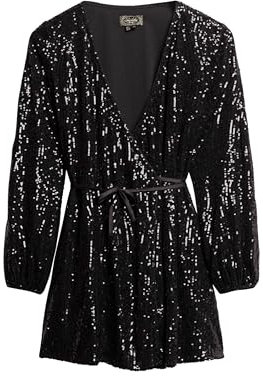Superdry Damen Pailletten-Minikleid in Wickeloptik Schwarz Eckig Pailletten 42