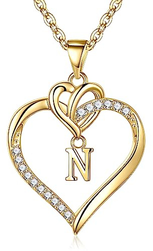 TINGN Kette Herz Damen Halskette Gold Silber, 14K Gold/Weißgold Vergoldet Herz Zirkonia Anhänger Buchstaben Kette Damen Jahrestag Muttertag Geburtstag Geschenk für Frauen Freundin Mama Mädchen Schmuck