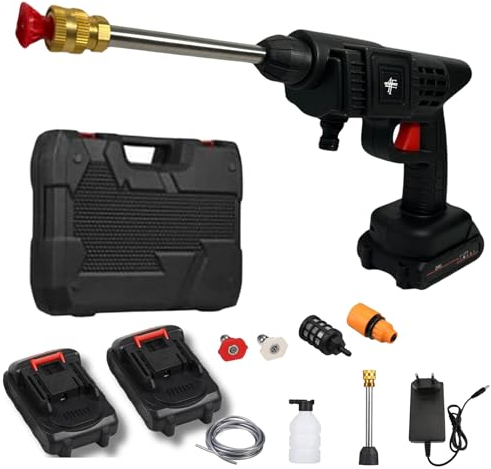 4Family Club - Hidrolimpiadora de Alta presión, Pistola de Agua con 2 Baterias, Kit Limpieza Coche Portátil, De Mano, Lavado Eléctrico, Manguera Extensible 5 m