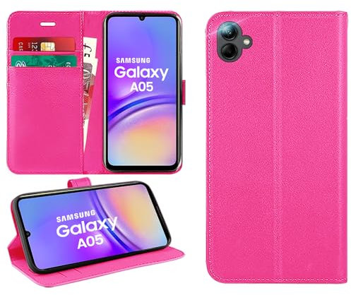DN-Technology Galaxy A05 Case - Leather Flip Case with Card Holder, Magnetic Closure, Stand View, Shockproof TPU Bumper - PINK