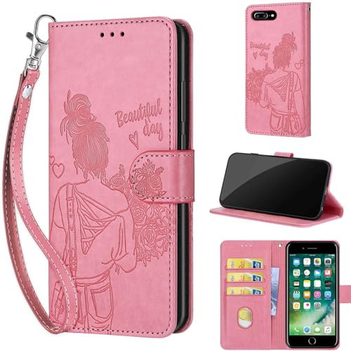 for iPhone 7 Plus / 8 Plus Case, Embossed Premium PU Leather Folio Flip Notebook Wallet Cover Compatible with iPhone 7 Plus / 8 Plus Phone Case [Kickstand][Card Slots], Pink Girl