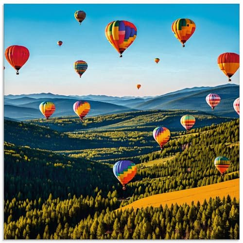 ARTland Wanddeko Glasbilder Wandbild Glas Bild einteilig 40x40 cm Quadratisch Landschaften Idyll Berge Wald Ballons Heißluftballon KI Kunst U4YK