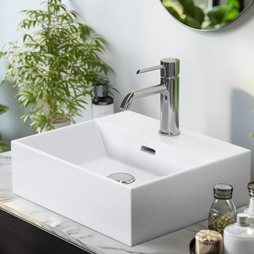 EMKE Waschbecken Aufsatzwaschbecken, Hängewaschbecken für Badezimmer Gäste WC 42 x 36 x 13 cm, Eckig Handwaschbecken Klein Waschbecken Bad Wandwaschbecken Waschtisch Weiß