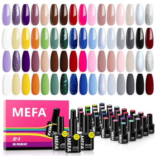 MEFA UV Nagellack Set, 35 Stück UV Gel Nagellack mit Base und Top Coat Matte, 32 Farben Rot Schwarz Braun Blau Glitzer Gelnägel Set für Nail Art Nageldesign