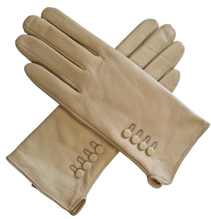 TheGloveHut Damen Echtes Weiches Leder Handschuhe Vollständig Gefüttert Geschenk Verpackt (Beige, XL)