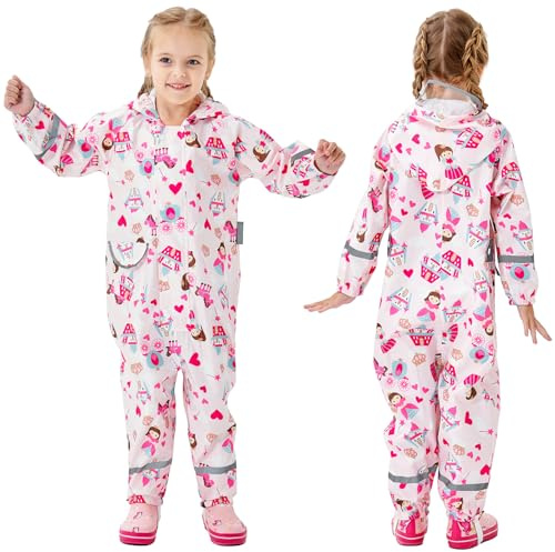 Fewlby Rain Suit Kids Puddle Suit Boys Girls Muddy Suit All in One Waterproof Overalls Toddler Lighweight Raincoat Cartoon Rainwear 1-10 Years S-XXL Size