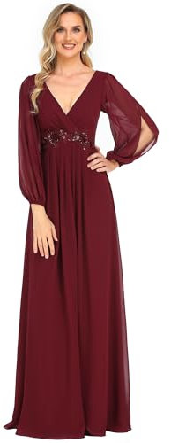 Ever-Pretty Damen Stilvolle Chiffon V-Ausschnitt Applique Plus Size Abendkleider mit Langen Laternenärmeln Burgund 36