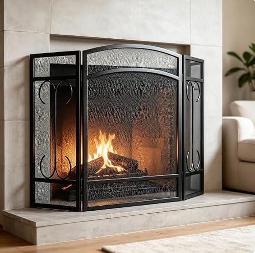 Gtongoko Kaminschutz mit 3 Paneelen, 121,9 cm B x 73,7 cm H, modernes Schmiedeeisen, dekoratives großes Feuer-Schutzgitter, strapazierfähig, für Wohnzimmer, Zuhause, Outdoor-Dekoration, Schwarz