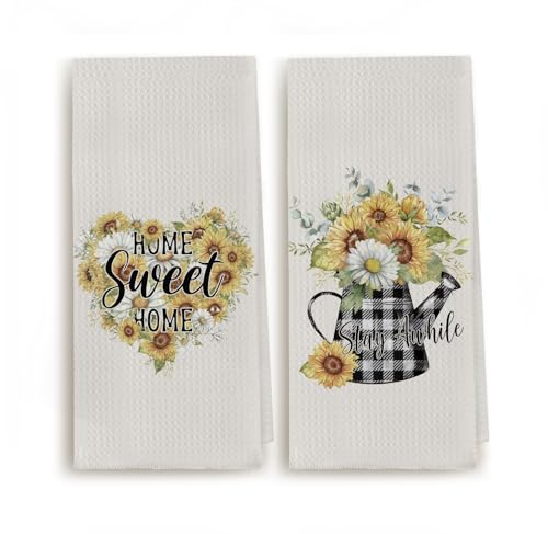 Zeghk Summer Sunflower Home Sweet Home Küchenhandtücher, 40,6 x 61 cm, Stay Awhile Buffalo Plaid Dekoratives handtrocknendes Geschirrtuch für Küche, Zuhause, Kochen, Backen, 2 Stück