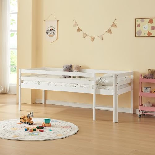 [en.casa] Cama Alta para Niños y Niñas con Escalera Cama Infantil Elevada Dormitorio Habitación Infantil Madera de Pino 90 x 200 cm - Blanco