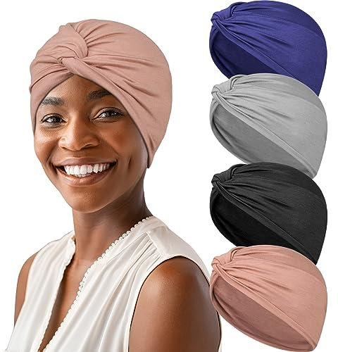 TSKNOMO 4 Pieces Soft Cotton Turbans, Pre Tied Head Wrap Knot Pleated Chemo Headwear for women