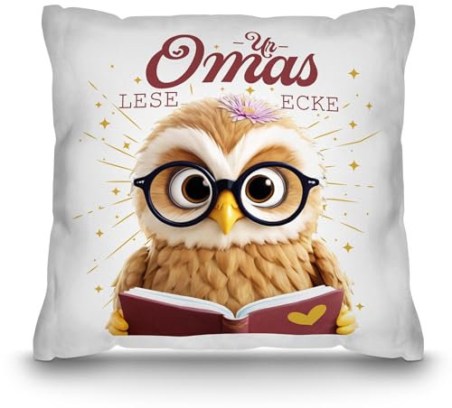 PR Print Royal Eulen-Kissen für Uroma - Uromas Leseecke - Persönliches Geschenk für Uroma zum Geburtstag | inkl. Füllung, 40 x 40 cm, Weiß