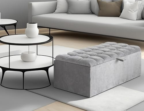 Cubed Plush Velvet Tufted Buttoned Ottoman Storage Box Large Medium Black Silver Grey Blue Trunk box Footstool (Grey, Medium)