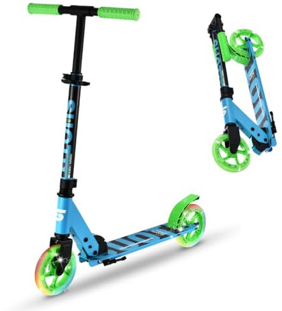SUOTU Roller Kinder mit 145 mm Rollen, Scooter mit 2 LED Rädern für 3-12 Jahren, Zusammenklappbarer, Höhenverstellbarer, Cityroller for Boys and Girls (Blau und Grün)