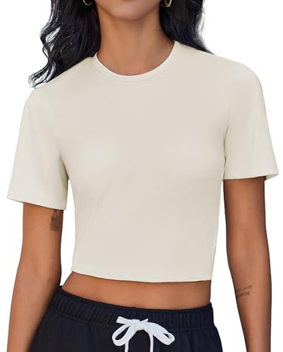 Weardear Sportshirt Damen Kurzarmshirt Rundhals Laufshirt Enge Sommer Shirt Fitness Crop Top Atmungsaktiv Kurz Gym Oberteil Casual Basic Tops Beige S