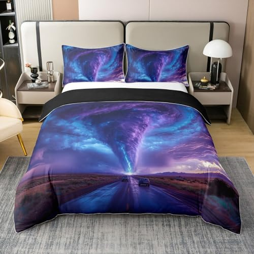Homewish Baumwolle Lila Tornado Tröster Abdeckung 135x200 Ombre Natur Blitz | Bettwäsche Set für Schlafzimmer Dekor Horror Gothic Sturm Bettbezug Gothic Wind Cloud Bettbezug Weich Bequem Wendebar