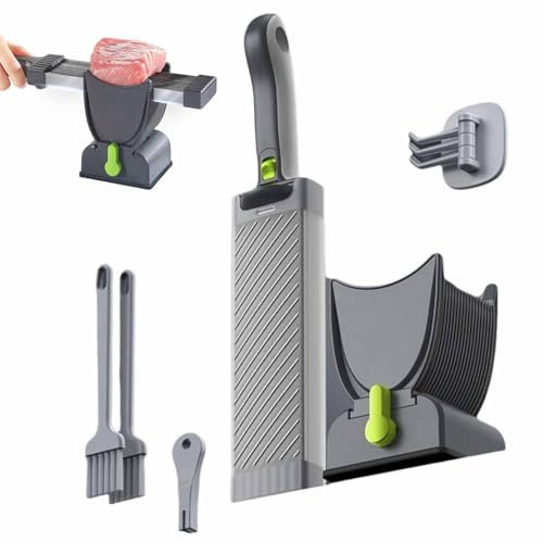 Meat Slicer for Home, Manual Fresh Meat Cutter with 2-4mm Thickness Adjustable, 2 Cleaning Brushes, Sharpener, Hook, Stainless Steel Meat Cleaver Food Slicer for Fresh Raw Meat gray