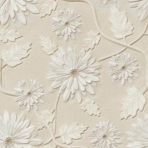 SOEWIOU 3D Floral Wall Paper Beige Daisy Floral Peel and Stick Wallpaper,44.5×300cm Bedroom Livinroom Cabinet Bathroom Waterproof Self Adhesive Vinyl Wallpaper