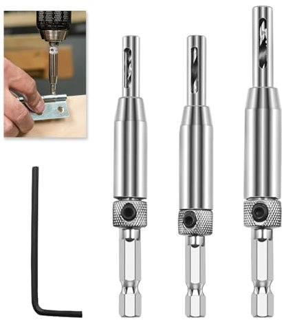 3 Pcs Hinge Drill Bit Set, Self Centering Drill Bit, Hex Shank Hinge Drill Bit Guide Set, Hexagon Spanner and HSS Drill Bits for Woodworking, Door & Cabinet Installation (5/64, 7/64, 9/64)