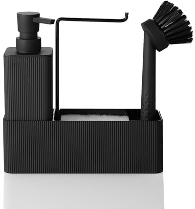 Spülmittelspender Küche Schwarz mit Seifenspender Spülbürste Schwamm Spültuchhalter, Seifenspender Küche Set, Spülbecken Organizer Schmal für Küchen Bad (Schwarz)