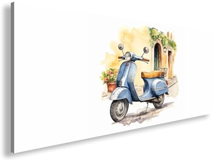 Leinwandbild Blaue Vespa vor mediterraner Kulisse – pure Nostalgie Panorama 80x40cm XXL Wandbild auf Keilrahmen/Kunstdruck/Bild Wohnzimmer Dekoration