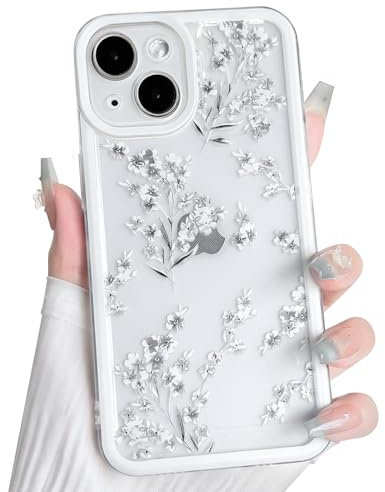 NITITOP Compatible with iPhone 13 Mini Case Clear Cute Flower Floral Branch Design for Women Girls Color Frame Transparent Slim Soft TPU Shockproof Protective Cover - White