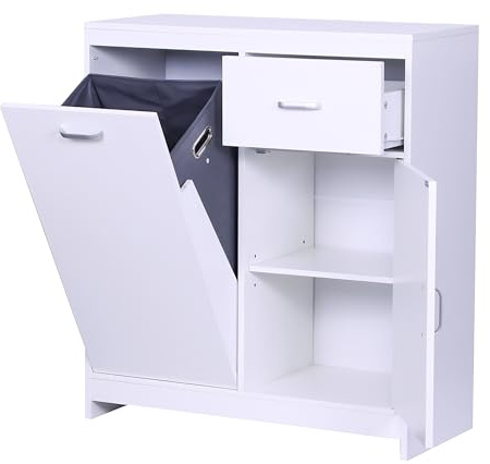 Relaxdays Wäscheschrank, ausklappbarer Wäschesack 48 l, Schublade, 2 Innenfächer, HBT: 90 x 80 x 35 cm, Badschrank, weiß