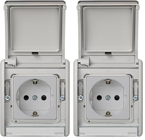 SIMON - Base de Enchufe Exterior, Estanco Toma Schuko, Serie Simon 44 Aqua, 250V 16A, Enchufe Superficie Pared, Fácil de Instalar, Embornamiento a Tornillo, Incluye Caja, Tapa y Mecanismo, Color Gris