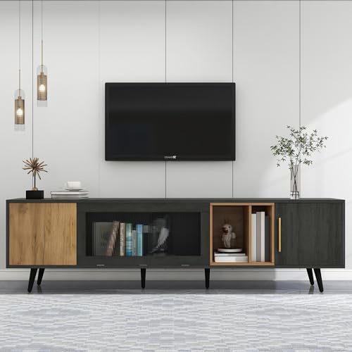BTM TV Stand, TV Cabient with Pull-down glass doors, TV Cabinet Storage Sideboard, TV Entertainment center, for livingroom bedroom, TV Console, TV unit, Dark Wood, for 90 inch TV