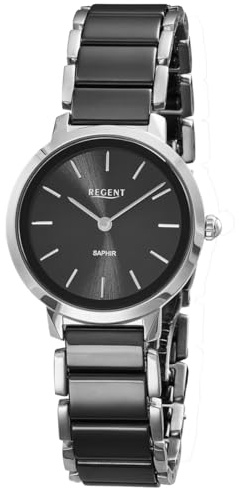 REGENT F-1627 Damenuhr Edelstahl Silberfarben Schwarz Saphirglas Keramikband 30 mm Quarz