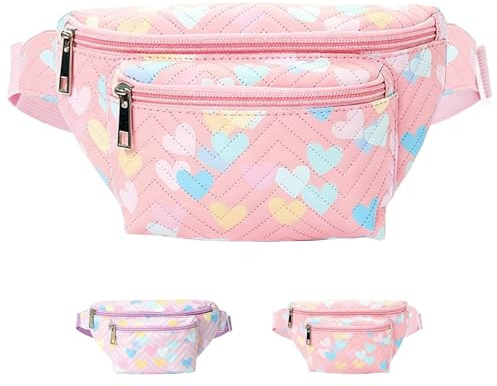 AUNGCSHE Bauchtasche Mädchen, Bauchtasche Herzchen Druck Gürteltasche Damen, Mädchen 2 Reißverschluss Fächern Verstellbarem Bund Hüfttasche Mädchen für Festival,Party,Sport(Rosa)